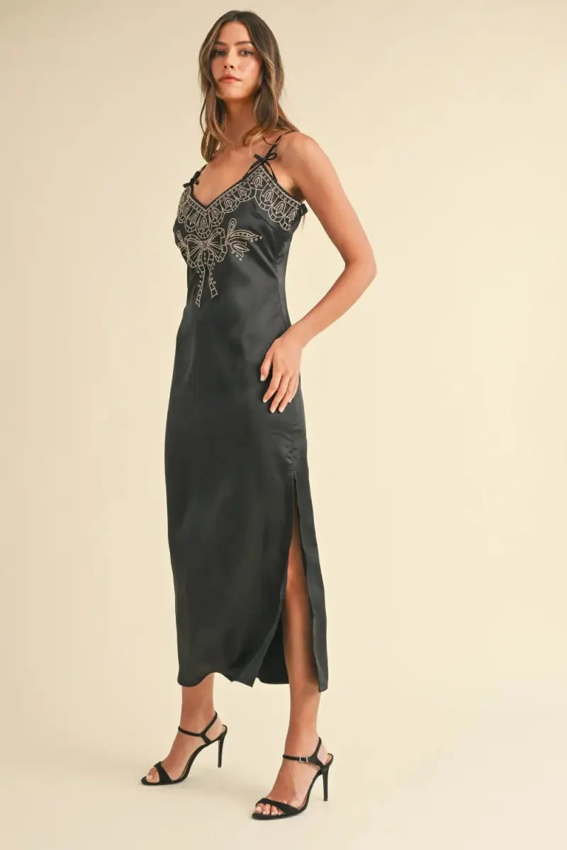 Mable Embroidered Cami Satin Midi Slit Dress for Elegance - Love Salve